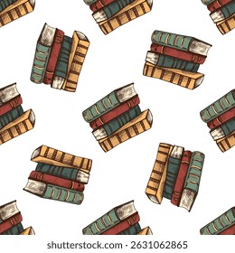 Colorida Ilustración vectorial dibujada a mano de una pila de libros cerrados viejos con cubiertas vintage. Creado en estilo de grabado, ideal para proyectos educativos y literarios, diseños retro.