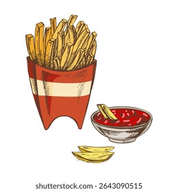 Colorful hand drawn vector illustration of golden french fries in a red striped paper container with a bowl of ketchup. Vintage style food sketch perfect for menus, packaging