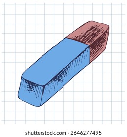 Colorful hand drawn vector illustration of school eraser with blue and red sides. Vintage sketch style on squared notebook background. Great for educational and stationery design projects.