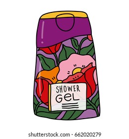 A colorful hand drawn vector illustration of shower gel in a plastic container decorated with flowers