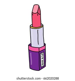 A colorful hand drawn vector illustration of a pink lipstick in a purple plastic tube