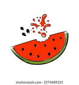 Colorful hand drawn vector of a juicy watermelon slice with splashes and seeds vector illustration