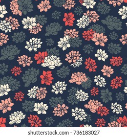 Colorful hand drawn vector lilies silhouettes seamless pattern in red, pink and green colors on dark blue background. Vintage floral design.