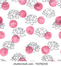 Colorful hand drawn vector lilies contours with pink watercolor circles seamless pattern on white background. Vintage floral design.