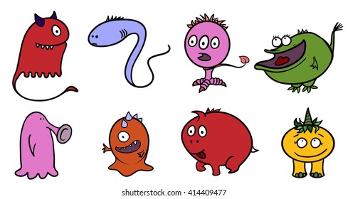 Colorful hand drawn vector monsters set. Weird and cute creatures - funny characters for children illustration, poster and banner.