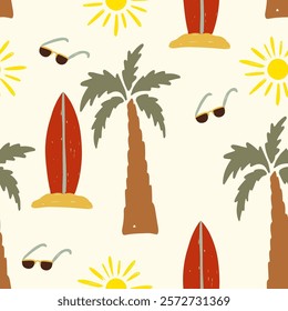 Colorful hand drawn vector pattern with palm trees, surfboards, and sunny vibes for summer vacation. vector illustration