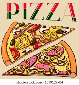 Colorful hand drawn vector realistic pizza slices and lettering. Good for wrapping paper, wallpapers at cafe, pizzeria or bakery