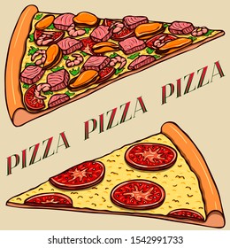 Colorful hand drawn vector realistic pizza slices and lettering. Good for wrapping paper, wallpapers at cafe, pizzeria or bakery