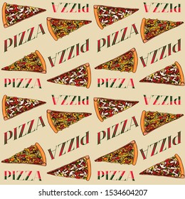 Colorful hand drawn vector seamless pattern with realistic vegan pizza slices and lettering. Good for using in cafe, pizzeria or bakery. Vegetarian pizza