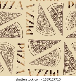Colorful hand drawn vector seamless pattern with realistic pizza slices and lettering. Good for wrapping paper, wallpapers at cafe, pizzeria or bakery