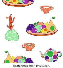 Vector de colorido trenzado a mano sin fisuras con frutas y vajilla.