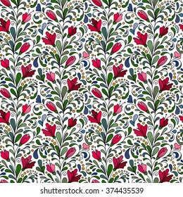 Colorful hand drawn vector seamless floral pattern with flowers and leaves. Doodle.
