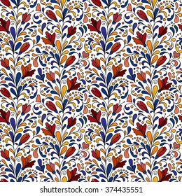 Colorful hand drawn vector seamless floral pattern with traditional arabic colors flowers and leaves on white background. Doodle.