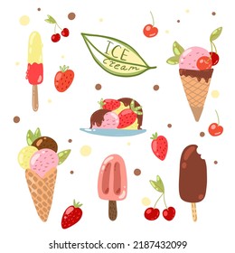 Colorful hand drawn vector set of different types of ice cream and berries. Cartoon-style tastys. Popsicles, waffle, cones, fruit ice.