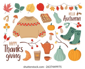 Colorful hand drawn vector set of illustrations or stickers with different cute fall objects.Hand drawn scrapbook autumnal bundle