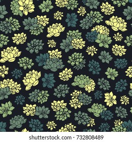 Colorful hand drawn vector succulents seamless pattern in green colors on black background. Floral design.
