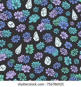 Colorful hand drawn vector succulents and plant terrariums seamless pattern on dark background. Vintage floral design.