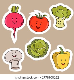 Farbige, handgezeichnete Vektorgrafik-Aufkleber-Set. Sorgfältig frische Cartoon Gemüse und Obst Charaktere Sammlung. Ein gesundes Ernährungskonzept. 