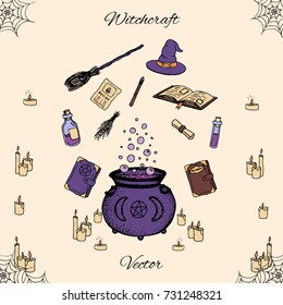 Colorful hand drawn vector witchcraft set. Includes potions, herbs, books, witches hat and broom, candles, magic wand and cauldron with bubbles. Halloween line art.