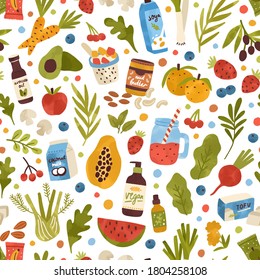 Colorful hand drawn vegan food, drink and herbs seamless pattern. Vegetables, fruits, berries, cosmetics and beverage vector flat illustration. Bio nutrition and care products for eco lifestyle