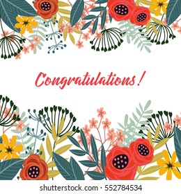 Colorful hand drawn vintage greeting card with flowers, Congratulations vector illustration