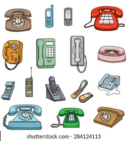 Colorful hand drawn vintage phones, vector illustration