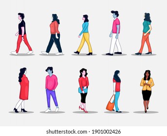 colorful hand drawn walking people collection