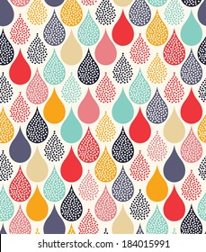 Colorful hand drawn water droplet seamless pattern. Multicolor cute doodle raindrops childish background. Textile, wrapping paper design idea