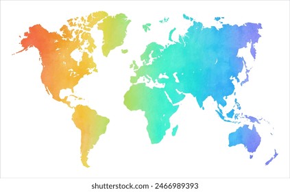 Colorful hand drawn watercolor world map isolated on white background