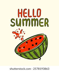 Colorful hand drawn watermelon card expressing summer vibes and seasonal joy vector illustration