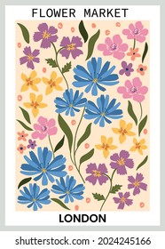 Colorful hand drawn wildflowers poster. Floral illustration composition for wall art, posters, greetings and invite.