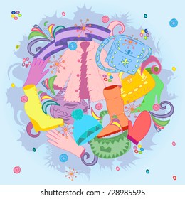 Colorful Hand Drawn Winter Clothes and Handbags. Doodle Drawings shoes on high heel, scarf, mitten, glove and fur coat.. Vector illustration.