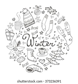 Colorful hand drawn winter collection in round composition