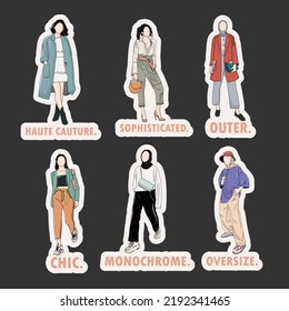 colorful hand drawn women outfit stickers collection
