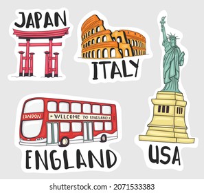 Colorful Hand Drawn World Landmarks Stickers Collection