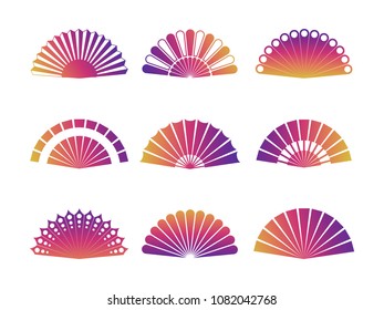Colorful hand fan isolated on white background. Vector fan icons set illustration