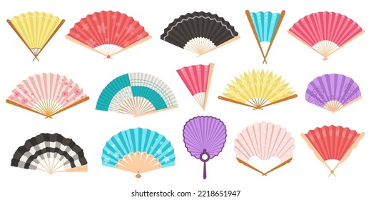 Colorful hand fans set. Chinese or japanese paper ancient traditional fans, personal accessories and souvenirs. Asian cooling or folding hand. Cartoon flat vector illustration