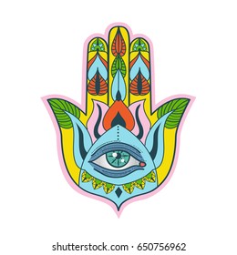 Colorful hand of Fatima. Hamsa hand talisman. Traditional Middle Eastern lucky charm. Vector illustration.