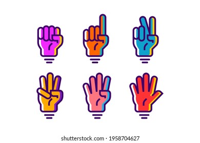 colorful hand gesture count 1 2 3 4 and 5 vector icon illustration in trendy cartoon filled line style set Illustration, counting hand vector design in modern neon color