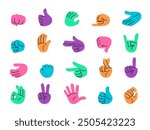 Colorful hand gestures collection. Thumbs up, pointing finger, fist and palm, okay gesture and peace hand signs. Doodle hands icon stickers vector set.