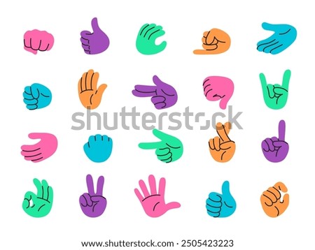 Colorful hand gestures collection. Thumbs up, pointing finger, fist and palm, okay gesture and peace hand signs. Doodle hands icon stickers vector set.