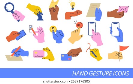 Colorful hand gestures holding objects collection. Doodle hands icon stickers vector set. Hands holding coin, cash, pen, flag, card, phone 
