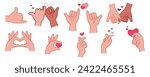 Colorful hand gestures, intertwined fingers, and heart-shaped signs symbolize concepts of love and friendship.