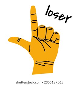 Colorful hand with gestures and lettering. Hands show loser. Hand drawn vector illustration isolated on white background. Modern trendy flat cartoon style.