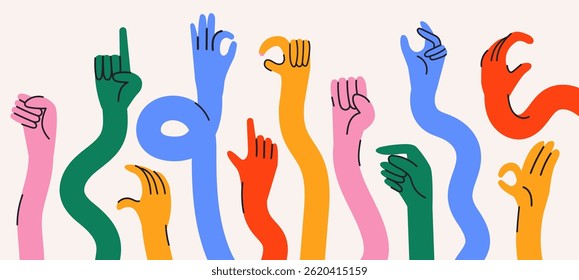 Colorful hand gestures in retro cartoon style. Different poses: pointing, hold, ok, finger snap. Human palms and wrists Illustration in funky, doodle style, trendy sticker set