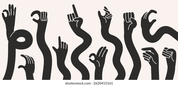 Colorful hand gestures in retro cartoon style. Different poses: pointing, hold, ok, finger snap. Human palms and wrists Illustration in funky, doodle style, trendy sticker set