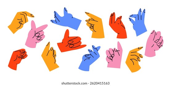Colorful hand gestures in retro cartoon style. Different poses: pointing, hold, ok, finger snap. Human palms and wrists Illustration in funky, doodle style, trendy sticker set