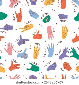 Colorful Hand gestures seamless pattern. Signs, expression pointing finger texture