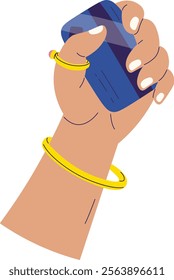 Colorful hand holding a credit card in a vector illustration. Vector Illustration.