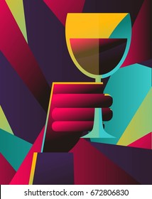 colorful hand holding a cup of wine